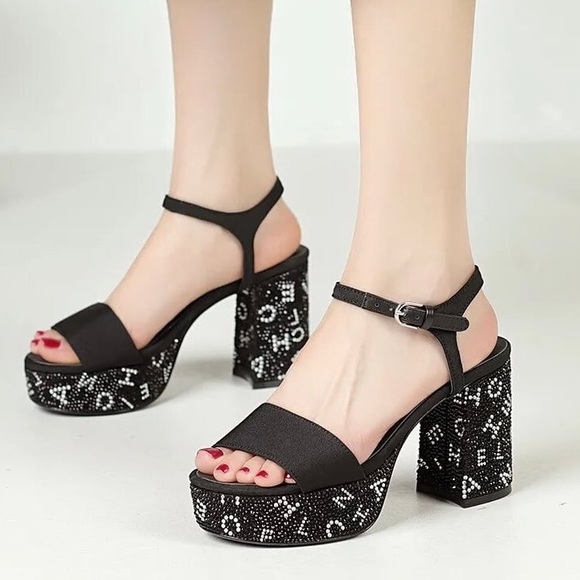 CHANEL Black Rhinestone Logo Heeled Sandals - Picture 10 of 12